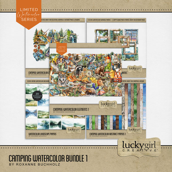 Travel and explore the outdoors and nature with your favorite digital scrapbooking watercolor camping supplies, hiking and climbing gear, fishing tackle, flora and fauna, and wildlife included in this bundle containing embellishments, watercolor papers, an alpha set, and clusters by Lucky Girl Creative digital art. Great for nature and outdoors, camping, hiking, vacations to national and state Parks, and more. Embellishments include animals, bear, Canadian goose, owl, bird, woodpecker, boar, hog, and more.