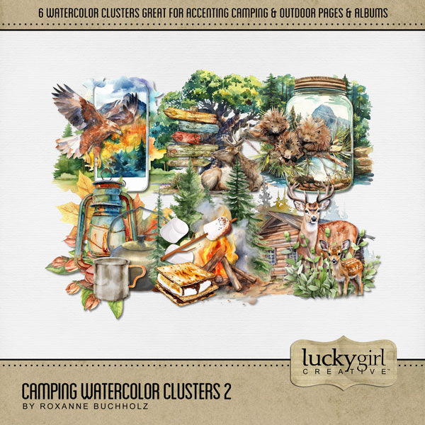 Easily create beautiful pages with these watercolor cluster embellishments by Lucky Girl Creative digital art that can be used on camping and outdoor digital scrapbooking layouts to create a one-of-a-kind look. Great for nature and outdoors, camping, hiking, vacations to national and state Parks, and more. Embellishments include eagle, porcupine, scenery, forest, deer, cabin, lantern, kettle, tin cup, campfire, marshmallows, and smores. This kit is included in the Camping Watercolor Bundle 2.
