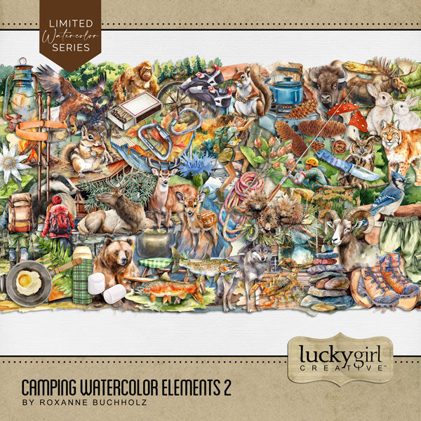 Travel and explore the outdoors and nature with your favorite digital scrapbooking watercolor camping supplies, hiking and climbing gear, fishing tackle, flora and fauna, and wildlife embellishments by Lucky Girl Creative digital art. Great for nature and outdoors, camping, hiking, vacations to national and state Parks, and more. Embellishments include animals, badger, bear, Big Foot, Sasquatch, bird, hawk, eagle, owl, buffalo, bison, bunny rabbit, squirrel, fox, deer, stag, elk, fish, trout, and more.