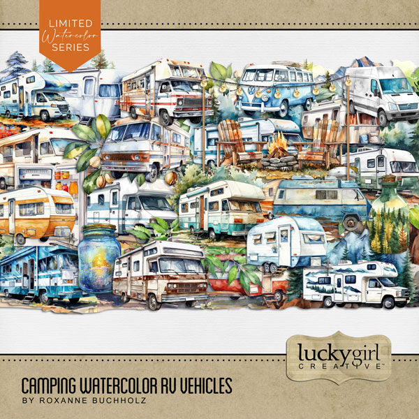 Travel and explore the outdoors and nature in your favorite RV, motorhome, caravan, camper, campervan, recreational vehicle, or travel trailer by Lucky Girl Creative digital art. Great for digital scrapbooking camping pages, campground vacations and adventure holidays, camp road trips, and more! This kit is NOT included in any bundle. Coordinates with the Camping Watercolor Bundle 1 and Camping Watercolor Bundle 2, sold separately.