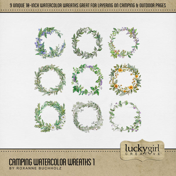 Create beautiful pages with these watercolor wreaths by Lucky Girl Creative digital art that can be layered on camping and outdoor pages to create a one-of-a-kind look. Great for nature and summer digital scrapbooking pages, too! Each wreath is 10" wide but can be re-sized to fit your project. TIP: Try layering the various wreaths to create a new look every time. Add photos and additional embellishments for a stunning page layout! This kit is NOT included in any bundle.