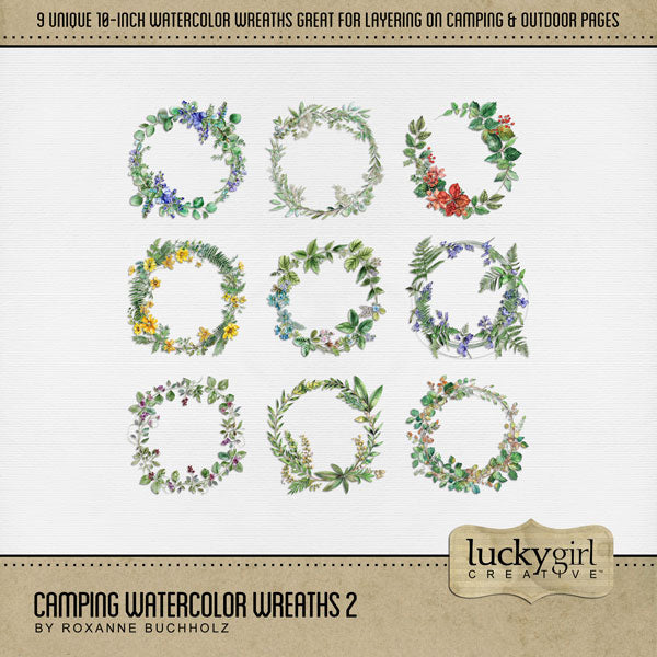 Create beautiful pages with these watercolor wreaths by Lucky Girl Creative digital art that can be layered on camping and outdoor pages to create a one-of-a-kind look. Great for nature and summer digital scrapbooking pages, too! Each wreath is 10" wide but can be re-sized to fit your project. TIP: Try layering the various wreaths to create a new look every time. Add photos and additional embellishments for a stunning page layout! This kit is NOT included in any bundle.