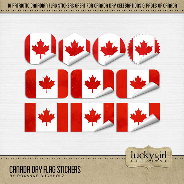 Accent your digital scrapbooking pages with these watercolor Canadian flag stickers by Lucky Girl Creative digital art that can be layered on Canada Day and family history pages to create a one-of-a-kind look. This kit is included in the Canada Day Watercolor Bundle.