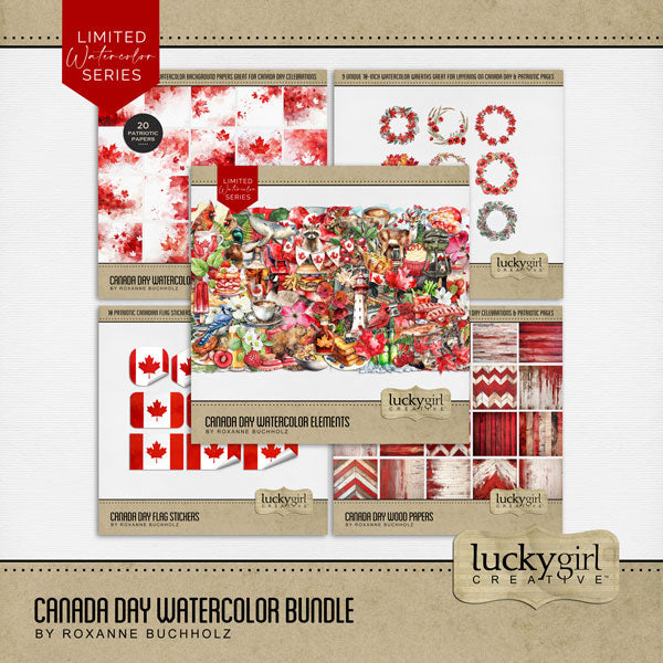 Accent your digital scrapbooking pages with these watercolor embellishments, wood and watercolor papers, flag stickers, and natural wreaths by Lucky Girl Creative digital art that can be used for Canada Day, Canadian themed pages, and more. Embellishments include bear, beaver, blue jay, Canadian goose, cardinal, bird, Mallard, duck, deer, salmon, fish, moose, raccoon, seal, wolf, backpack, balloon, banner, bunting, maple leaf, boots, flag of Canada, heart, cowboy hat, beer, whiskey, Bloody Mary, and more.