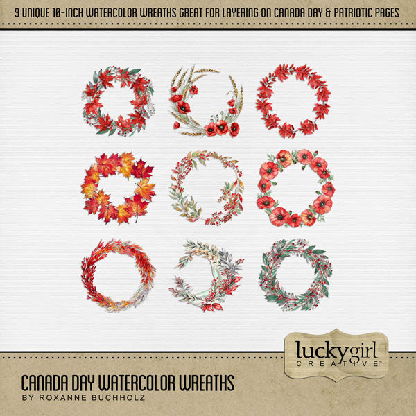 Create beautiful digital scrapbooking pages with these watercolor wreaths by Lucky Girl Creative digital art that can be layered on Canada Day and nature pages to create a one-of-a-kind look. Great for outdoor, camping, and remembrance pages, too! Each wreath is 10" wide but can be re-sized to fit your project. TIP: Try layering the various wreaths to create a new look every time. Add photos and additional embellishments for a stunning page layout! This kit is included in the Canada Day Watercolor Bundle.