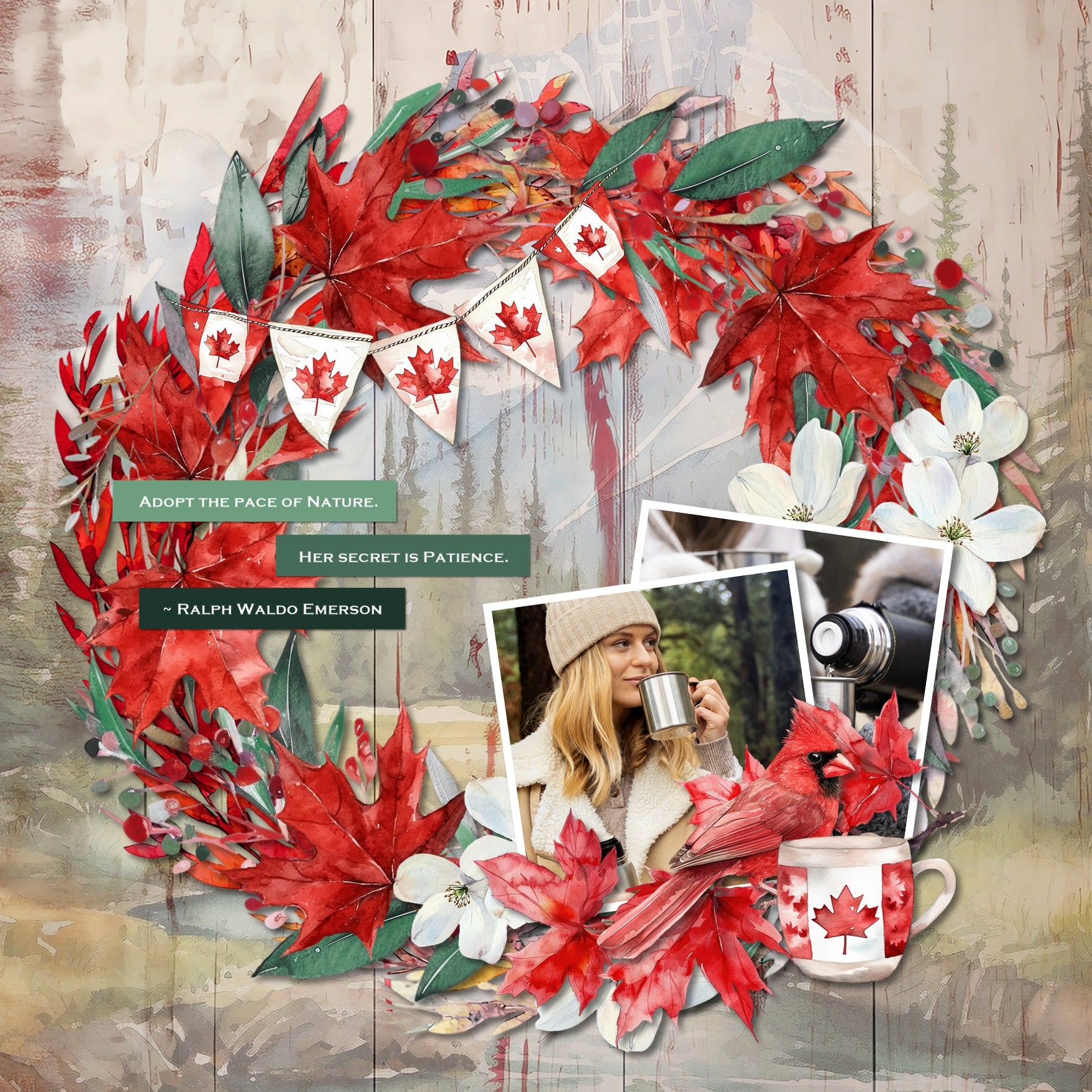 Accent your digital scrapbooking pages with these watercolor embellishments, wood and watercolor papers, flag stickers, and natural wreaths by Lucky Girl Creative digital art that can be used for Canada Day, Canadian themed pages, and more. Embellishments include bear, beaver, blue jay, Canadian goose, cardinal, bird, Mallard, duck, deer, salmon, fish, moose, raccoon, seal, wolf, backpack, balloon, banner, bunting, maple leaf, boots, flag of Canada, heart, cowboy hat, beer, whiskey, Bloody Mary, and more.