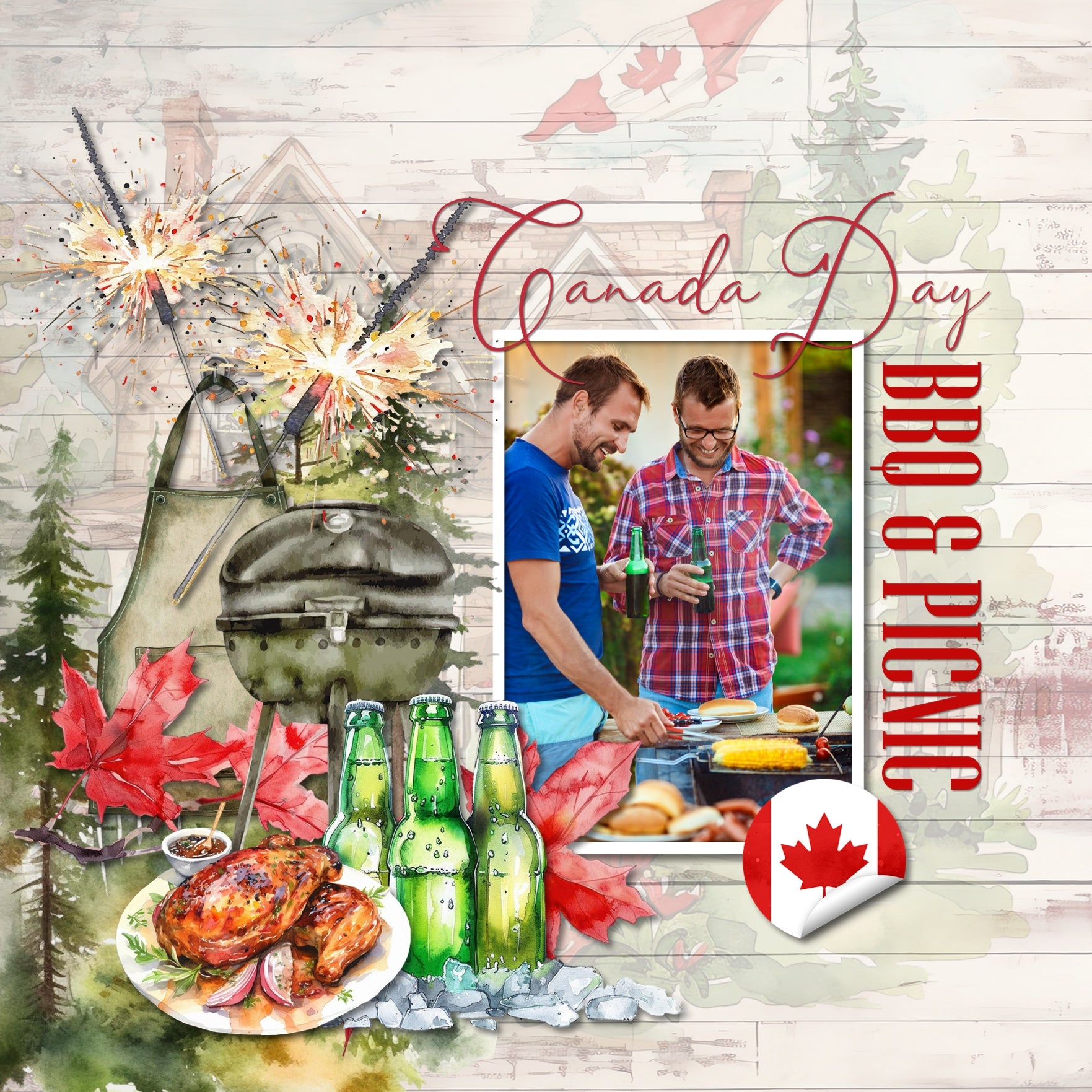 Accent your digital scrapbooking pages with these watercolor embellishments, wood and watercolor papers, flag stickers, and natural wreaths by Lucky Girl Creative digital art that can be used for Canada Day, Canadian themed pages, and more. Embellishments include bear, beaver, blue jay, Canadian goose, cardinal, bird, Mallard, duck, deer, salmon, fish, moose, raccoon, seal, wolf, backpack, balloon, banner, bunting, maple leaf, boots, flag of Canada, heart, cowboy hat, beer, whiskey, Bloody Mary, and more.