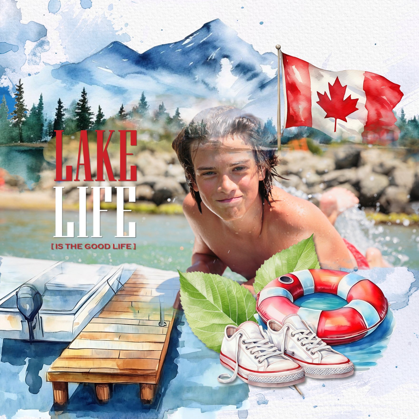 Accent your digital scrapbooking pages with these watercolor embellishments, wood and watercolor papers, flag stickers, and natural wreaths by Lucky Girl Creative digital art that can be used for Canada Day, Canadian themed pages, and more. Embellishments include bear, beaver, blue jay, Canadian goose, cardinal, bird, Mallard, duck, deer, salmon, fish, moose, raccoon, seal, wolf, backpack, balloon, banner, bunting, maple leaf, boots, flag of Canada, heart, cowboy hat, beer, whiskey, Bloody Mary, and more.