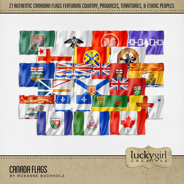 Celebrate your travel memories to Canada with the flags of 10 provinces, 3 territories, 7 ethnic peoples, and 1 country flag by Lucky Girl Creative digital art for digital scrapbooking. Flags include Canada, Abenaki, Anishinaabe, Cree, Haida, Iroquois, Mikmaq, Natuaqanek, Alberta, British Columbia, Manitoba, New Brunswick, Newfoundland and Labrador, Nova Scotia, Ontario, Prince Edward Island, Quebec, Saskatchewan, Nunavut, Northwest Territories, and Yukon.