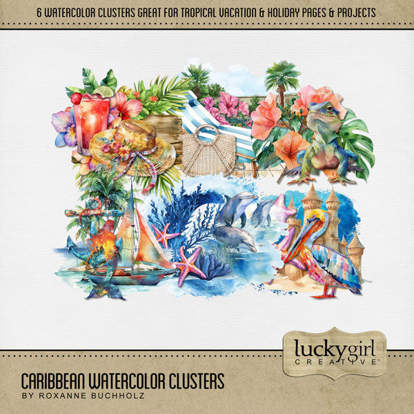 Add these beautiful watercolor clusters by Lucky Girl Creative digital art to all your Hawaiian, Caribbean, summer, and tropical digital scrapbooking pages and albums! Great for vacations to Hawaii, Caribbean, the South Pacific, Polynesia, and other tropical locations. Embellishments include sand castle, pelican, starfish, iguana, flower, dolphin, wave, lounge chair, pool, beach bag, tropical drink, sun hat, sailboat, anchor, mermaid, and island. This kit is included in the Caribbean Watercolor Bundle.