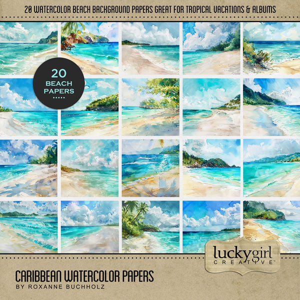 Add these beautiful beach watercolor digital scrapbooking background papers by Lucky Girl Creative digital art to all your Hawaiian, Caribbean, summer, and tropical digital scrapbooking pages and albums! Great for vacations to Hawaii, Caribbean, the South Pacific, Polynesia, and other tropical locations. This kit is included in the Caribbean Watercolor Bundle.