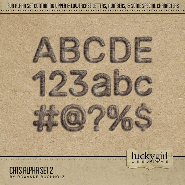 Have fun documenting your favorite cats with these fun digital embellishments by Lucky Girl Creative. Created with a fur texture, this alphabet set with numbers and punctuation is great for all pet pages and trips to the zoo.