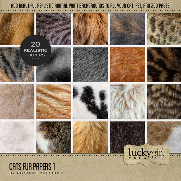 Have fun documenting your favorite cats and kitties with these realistic digital scrapbooking art papers by Lucky Girl Creative featuring various shades and colors of different cat breed fur and kitty hair. 