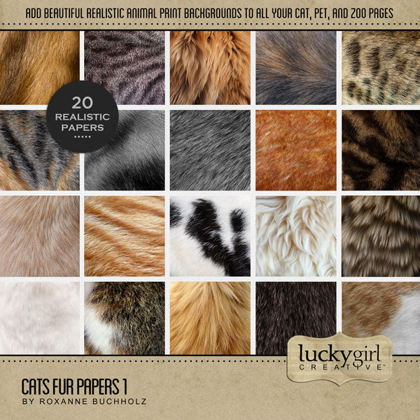 Have fun documenting your favorite cats and kitties with these realistic digital scrapbooking art papers by Lucky Girl Creative featuring various shades and colors of different cat breed fur and kitty hair.