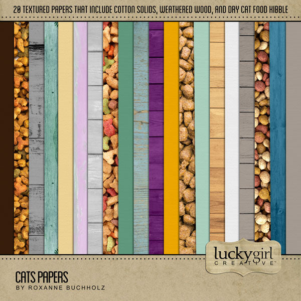 Have fun documenting your favorite cats with these fun digital art papers by Lucky Girl Creative. Filled with bright textures, wood tones, and realistic dry kitty food kibble, these background papers are perfect for many projects beyond just pets.