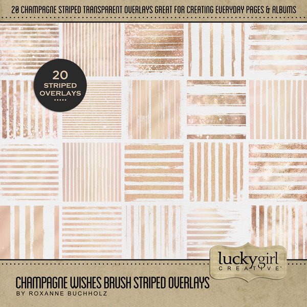 Add a touch of pink and gold champagne to all your digital scrapbooking page backgrounds! Great for adding sparkle and shine to any occasion including birthday, anniversary, celebration, the holidays, wedding, and more! These pink and gold champagne brushstroke lines and stripes have a transparent background perfect for layering on top of other digital papers. Digital scrapbooking kit by Lucky Girl Creative digital art.