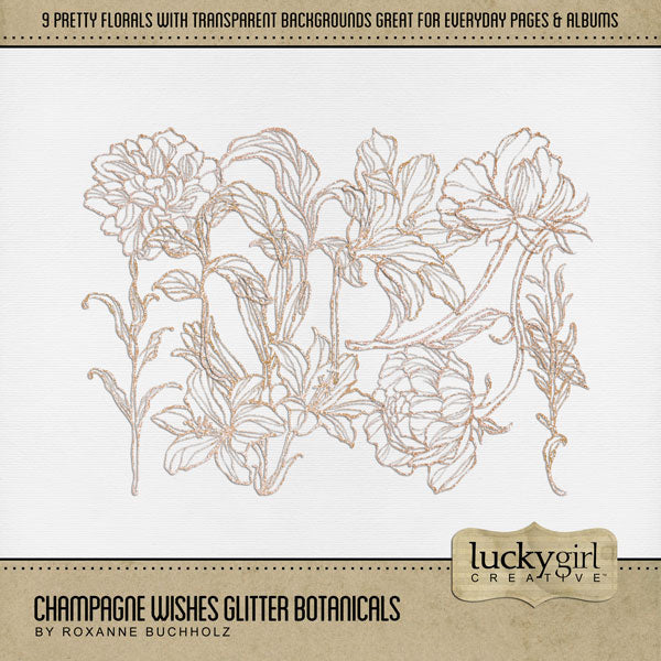 Add a touch of pink and gold champagne to all your digital scrapbooking page backgrounds! Great for adding sparkle and shine to any occasion including birthday, anniversary, celebration, wedding, the holidays, and more! These pink and gold champagne floral botanicals are hand drawn, filled with glitter, and have a transparent background perfect for layering on top of other digital papers and photos.