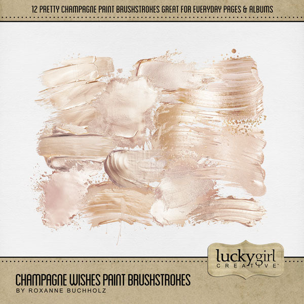 Add a touch of pink and gold champagne to all your digital scrapbooking pages! Great for adding sparkle and shine to any occasion including birthday, anniversary, celebration, the holidays, wedding, and more! Layer the realistic pink and gold champagne paint brushstrokes by Lucky Girl Creative digital art to add depth and warmth to your digital scrapbooking projects!