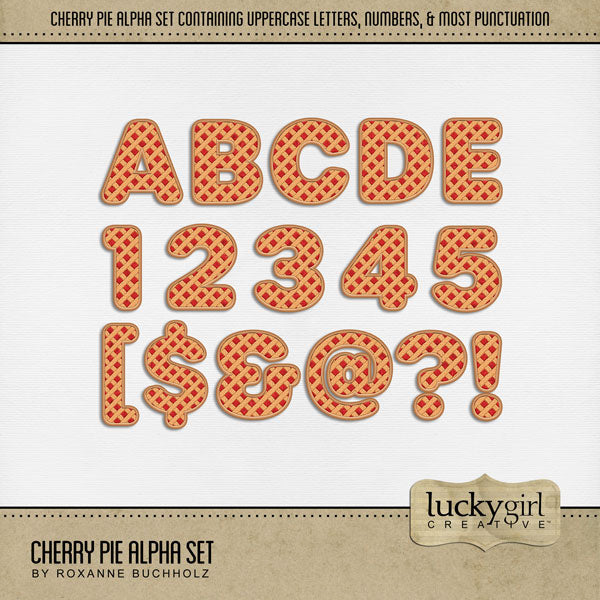 Showcase your favorite desserts, restaurants, recipes, and cookbook favorites with these fun digital scrapbooking alphabet letters, numbers, and punctuation by Lucky Girl Creative digital art great for creating one-of-a-kind page titles. Great for baking, sweet treats, Thanksgiving dinner, and more! This alpha set consists of a full set of digital art uppercase letters A-Z, numbers 0-9, and most punctuation. This alpha set is available as individual embellishments only.