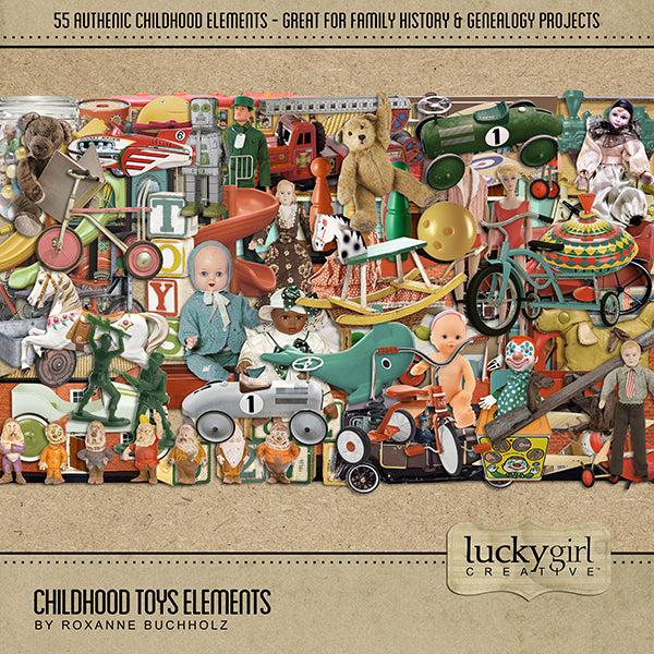 This digital art kit by Lucky Girl Creative is full of childhood toy embellishments and grunge metal papers. Made from childhood memories, this kit is perfect for recalling favorite toys and elementary school friends for telling your genealogy story.