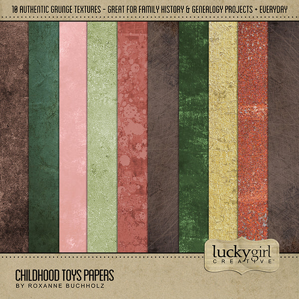This digital art kit by Lucky Girl Creative is full of childhood toy embellishments and grunge metal papers. Made from childhood memories, this kit is perfect for recalling favorite toys and elementary school friends for telling your genealogy story.