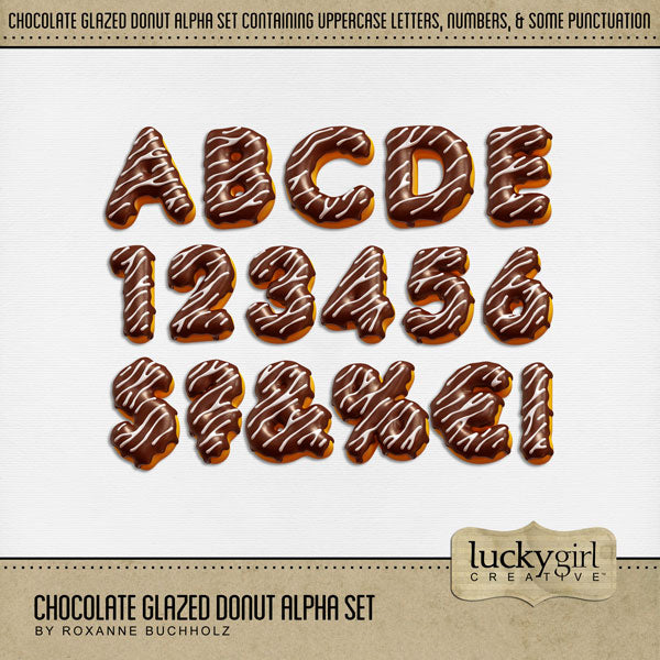 Showcase your favorite donuts, cafes, coffee shops, recipes, and cookbook favorites with these fun digital scrapbooking alphabet letters, numbers, and punctuation by Lucky Girl Creative digital art great for creating one-of-a-kind page titles. Great for baking, sweet treats, making doughnuts, and more! This alpha set consists of a full set of digital art uppercase letters A-Z, numbers 0-9, and most punctuation. This alpha set is available as individual embellishments only.