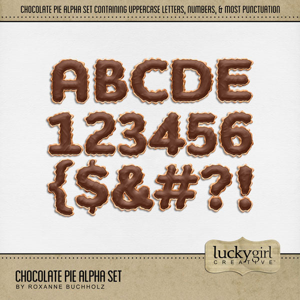 Showcase your favorite desserts, restaurants, recipes, and cookbook favorites with these fun digital scrapbooking alphabet letters, numbers, and punctuation by Lucky Girl Creative digital art great for creating one-of-a-kind page titles. Great for baking, sweet treats, making pies, and more! This alpha set consists of a full set of digital art uppercase letters A-Z, numbers 0-9, and most punctuation. This alpha set is available as individual embellishments only. This Alpha Set is NOT included in any bundle.
