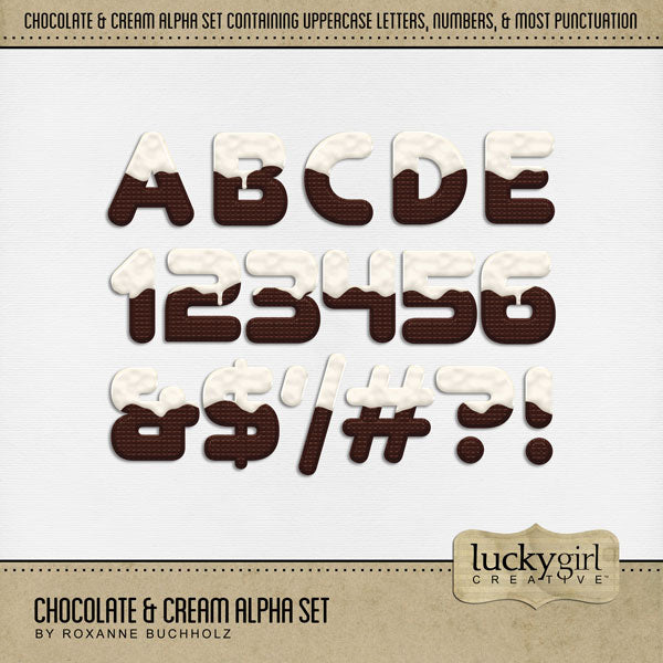 Showcase your favorite Oreo desserts, restaurants, recipes, and cookbook favorites with these fun digital scrapbooking alphabet letters, numbers, and punctuation by Lucky Girl Creative digital art great for creating one-of-a-kind page titles. Great for baking, sweet treats, making cookies and cakes, and more! This alpha set consists of a full set of digital art uppercase letters A-Z, numbers 0-9, and most punctuation. This alpha set is available as individual embellishments only.