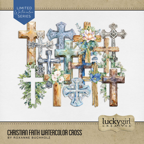 Add inspirational religious crosses by Lucky Girl Creative digital art to all your digital scrapbooking pages of faith and church events! Great for communion, baptism, wedding, and Easter albums, too. This kit is included in the Christian Faith Watercolor Bundle.