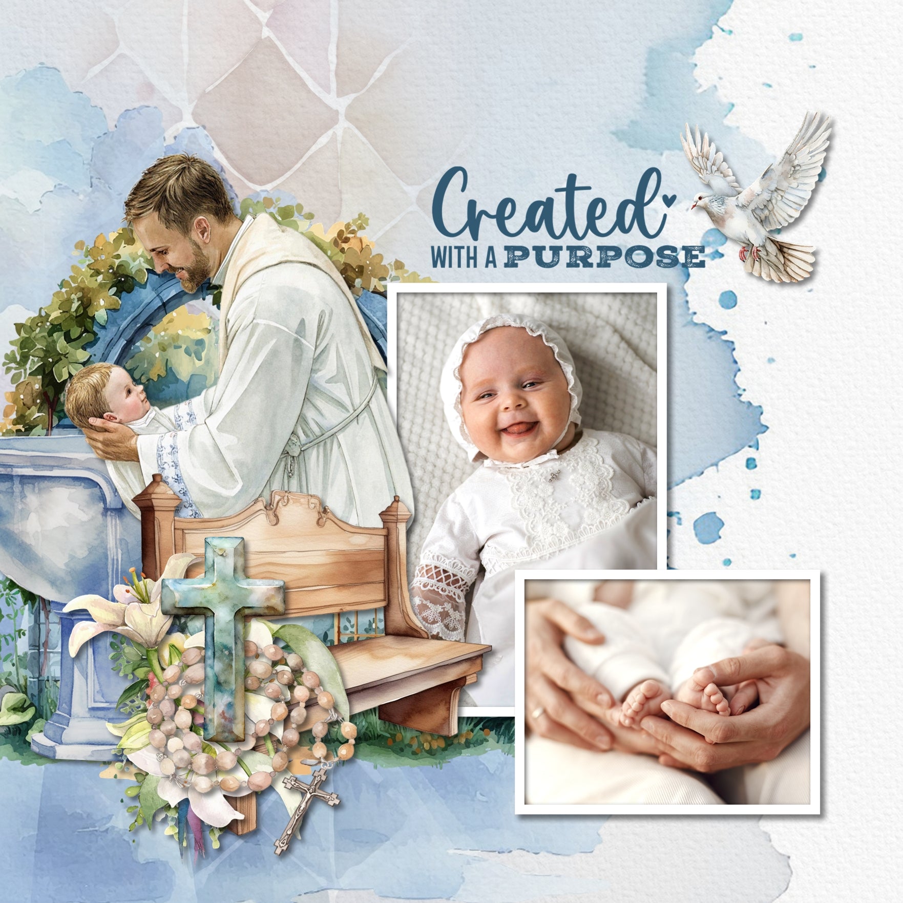 Add inspirational religious watercolor embellishments, pretty papers, and word art by Lucky Girl Creative digital art to all your digital scrapbooking pages of faith and church events! Great for communion, baptism, wedding, Christmas, and Easter albums, too. Embellishments include Jesus, Christ, God, cross, altar, communion, angel, baby Jesus, manger, baptism font, priest, father, Bible, bread, fish, camel, wisemen, candle, chalice, church, bell, hat, pew, temple, chapel, jug, clouds, sunrays, and more.