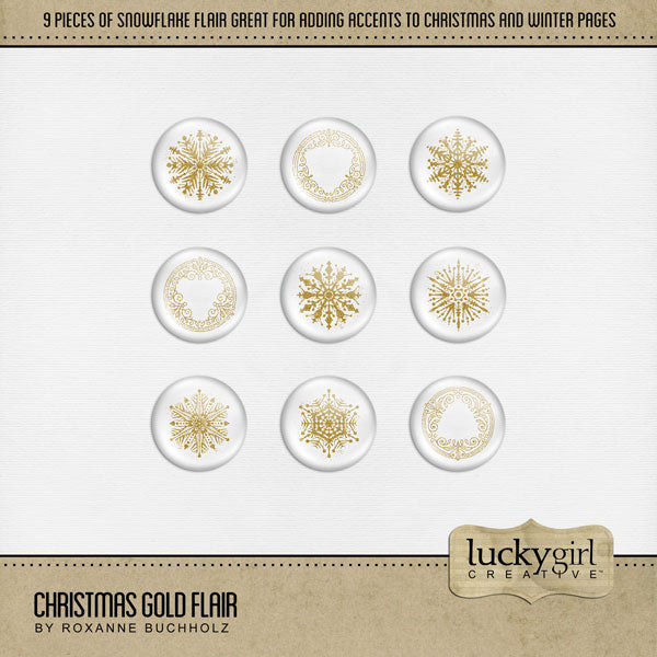 Accent your digital scrapbook pages with elegant gold Christmas flair by Lucky Girl Creative. Designed as round acrylic buttons with snowflakes and decorative elements, these digital art embellishments are great for all your Christmas and New Year projects. Great for winter weddings, too!