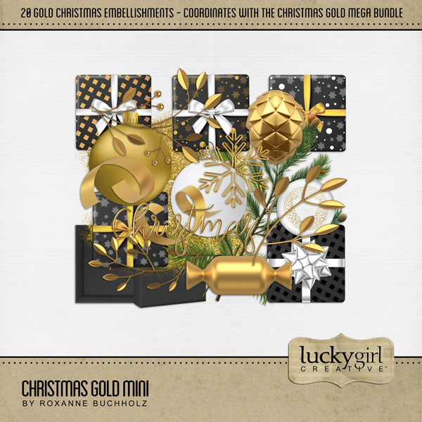 Celebrate Christmas with this gold mini digital art collection by Lucky Girl Creative that will add sparkle and shine to all your holiday pages! Embellishments include Christmas present, Christmas gift, pinecone, evergreen pine branch, ornaments, candy, glitter, wire snowflake, wire handwritten Christmas, ribbon, streamers, and more!