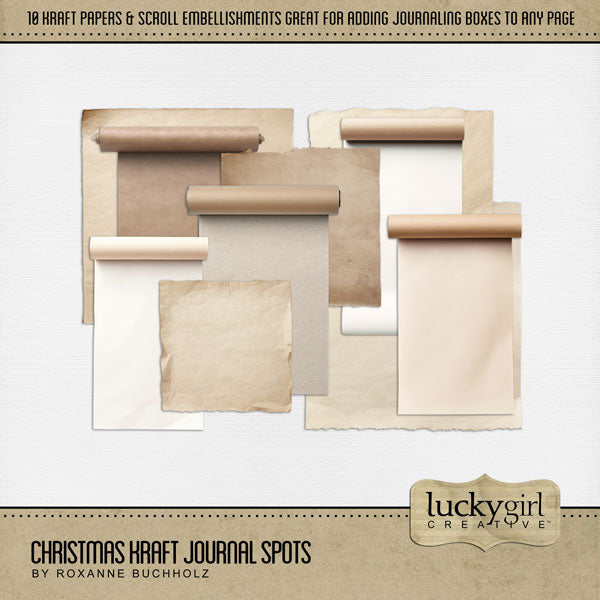 Accent your digital scrapbook pages with warm journal spots by Lucky Girl Creative. Designed as rolls of wrapping paper, these digital art embellishments are great for all your Christmas projects.