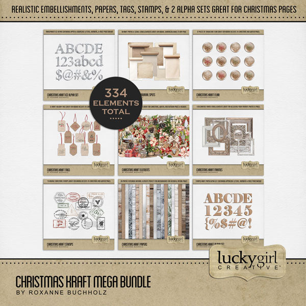 Accent your digital scrapbook pages with warm Christmas embellishments, winter papers, flair, alpha sets, frames, tags, and postage stamps by Lucky Girl Creative. Great for Christmas, winter, outdoor, and nature projects.