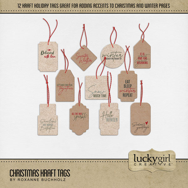 Accent your digital scrapbook pages with warm Christmas gift tags by Lucky Girl Creative. Designed on kraft paper with seasonal sayings, these digital art embellishments are great for layering on all your Christmas and winter projects. Quotes and word art include Discover the beauty of Winter, Delivered with Love, Eat Sleep Winter Repeat, It is Great Time for Great Beginning, Hello Winter, Season's Greetings, Snow Much Fu, Snowflakes are Winter Butterflies, Sparkle All the Way, and more!