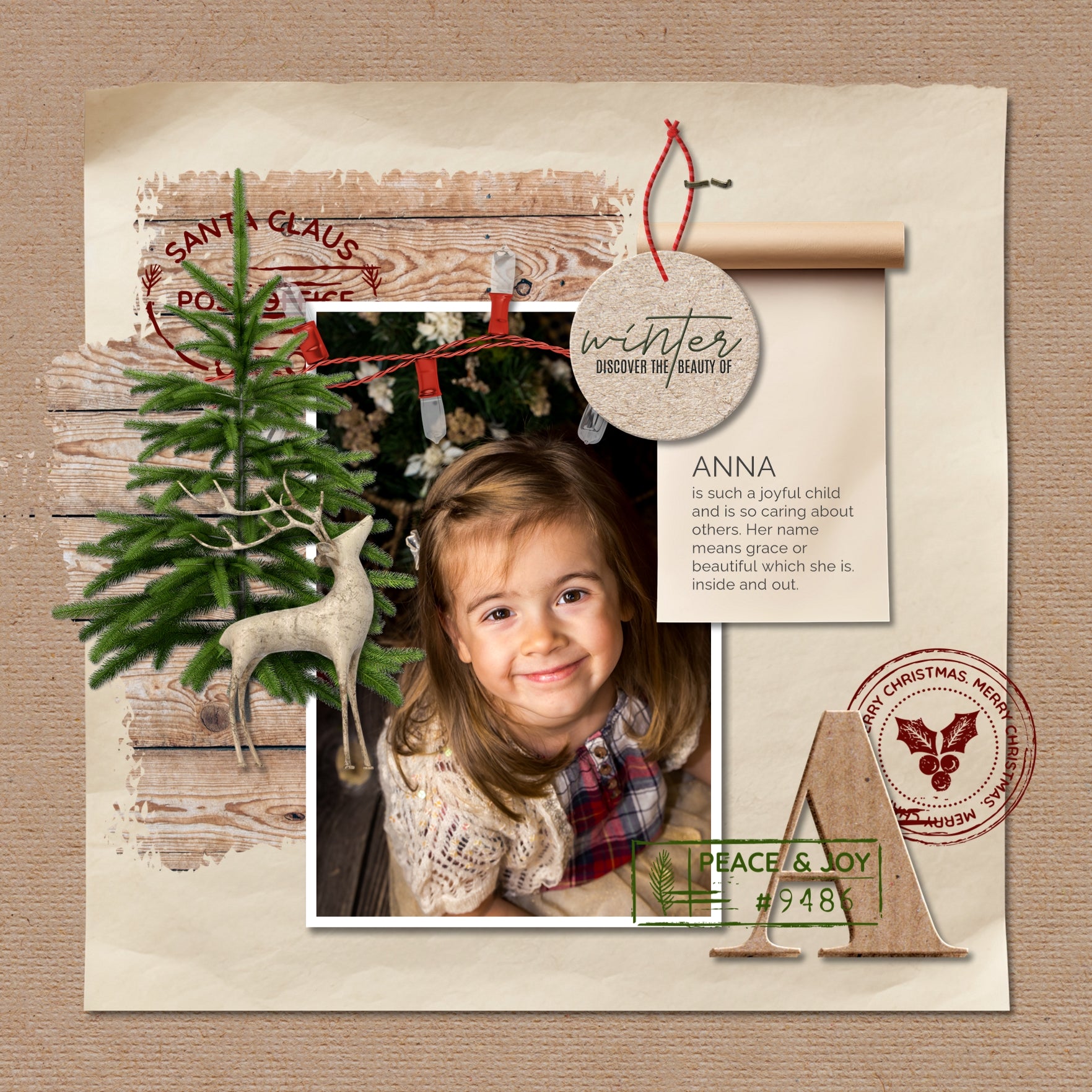 Accent your digital scrapbook pages with warm Christmas embellishments, winter papers, flair, alpha sets, frames, tags, and postage stamps by Lucky Girl Creative. Great for Christmas, winter, outdoor, and nature projects.
