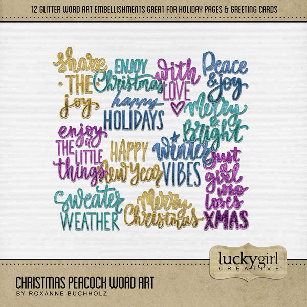 Christmas Peacock Word Art Digital Scrapbook Kit
