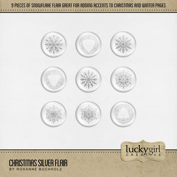 Accent your digital scrapbook pages with elegant Christmas flair by Lucky Girl Creative. Designed as round acrylic buttons with snowflakes and decorative elements, these digital art embellishments are great for all your Christmas and New Year projects.