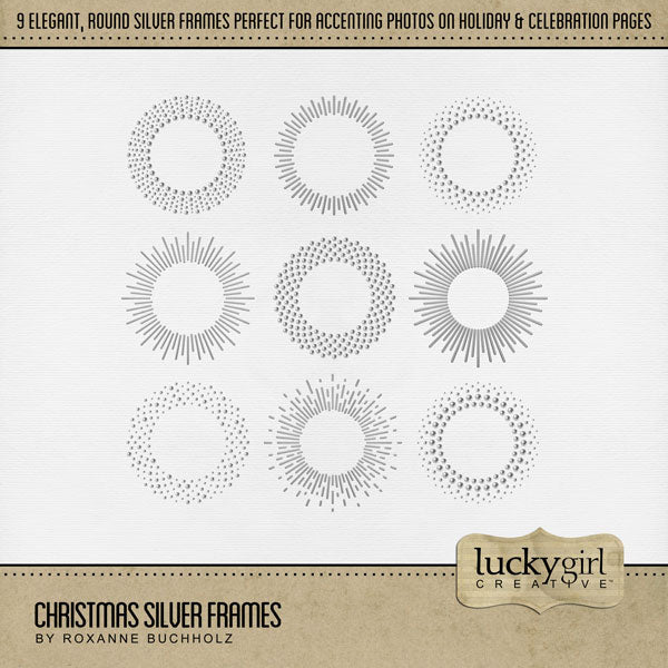 Accent your digital scrapbook pages with elegant Christmas frames by Lucky Girl Creative. Designed as round overlays in a shiny silver, these digital art embellishments are great for all your Christmas, New Year, anniversary, and birthday projects.