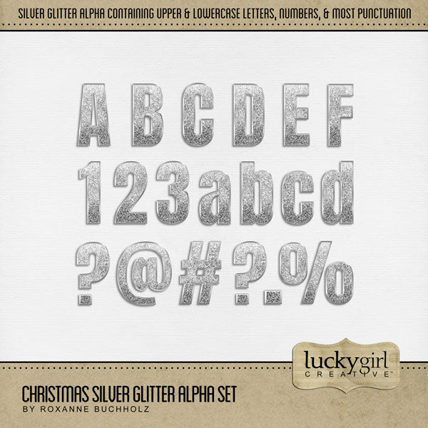 Celebrate special occasions with this beautiful silver glitter alpha set by Lucky Girl Creative. These digital art embellishments are great for all your Christmas, New Year, anniversary, and birthday projects. Wonderful for weddings, too!