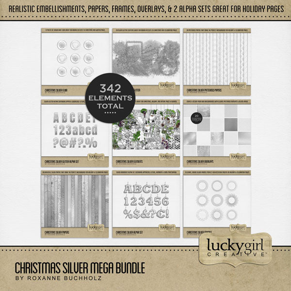 Celebrate Christmas with this silver mini digital art collection by Lucky Girl Creative that will add sparkle and shine to all your holiday pages! Embellishments include Christmas present, Christmas gift, pinecone, evergreen pine branch, ornaments, candy, glitter, wire snowflake, wire handwritten Christmas, ribbon, streamers, and more!