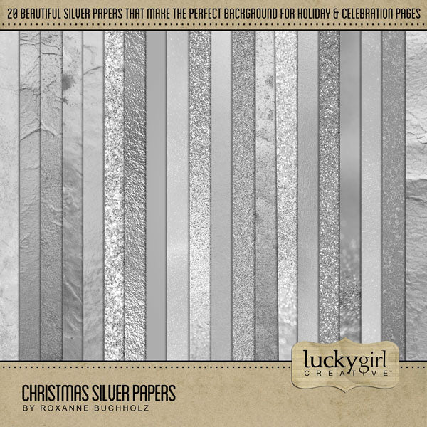 Accent your digital scrapbook pages with these elegant silver backgrounds by Lucky Girl Creative. These digital art papers are great for all your Christmas, New Year, anniversary, and birthday projects. Wonderful for weddings, too!
