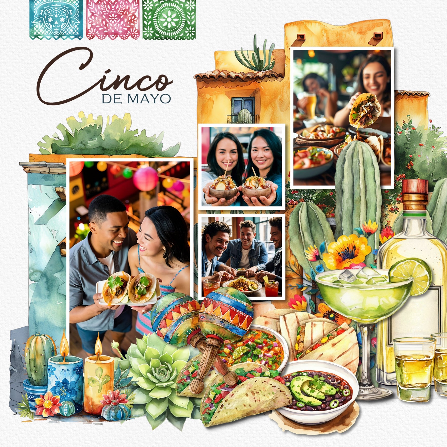 Add these beautiful watercolor embellishments, papers, frames, and clusters by Lucky Girl Creative digital art to all your digital scrapbooking pages to help you celebrate Cinco De Mayo, Taco Tuesday, and the Day of the Dead with style! Great for vacations to Mexico, Arizona, New Mexico, and Texas, too! Embellishments include Chihuahua dog, arch, cactus, succulent, cactus flower, sombrero, candles, cookies, cat, dog, dancers, gift box, sign, beer bottle, beer, cocktail, drink, margarita, tequila, and more.