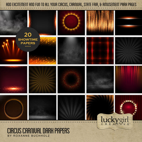 The circus is in town! Have fun celebrating your latest circus and carnival adventures with this digital scrapbooking paper pack by Lucky Girl Creative digital art filled with dark and show-lighted background papers allowing your photos to pop off the page. This kit is included in the Circus Carnival Add-On Bundle.