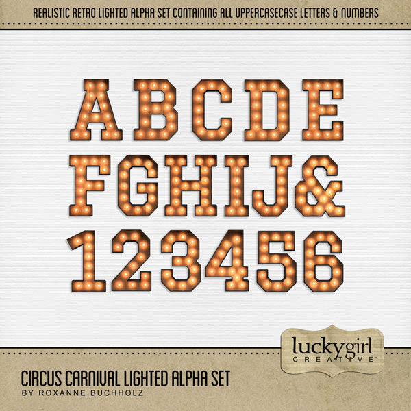 The circus is in town! Have fun celebrating your latest circus and carnival adventures with this digital scrapbooking alpha set by Lucky Girl Creative filled with retro lighted alphabet letters and numbers. Great for theater pages and amusement parks, too! The Circus Carnival Alpha Set consists of a full set of digital art uppercase letters A-Z, numbers 0-9, and an ampersand. This alpha set is available as individual embellishments only. This kit is included in the Circus Carnival Bundle.