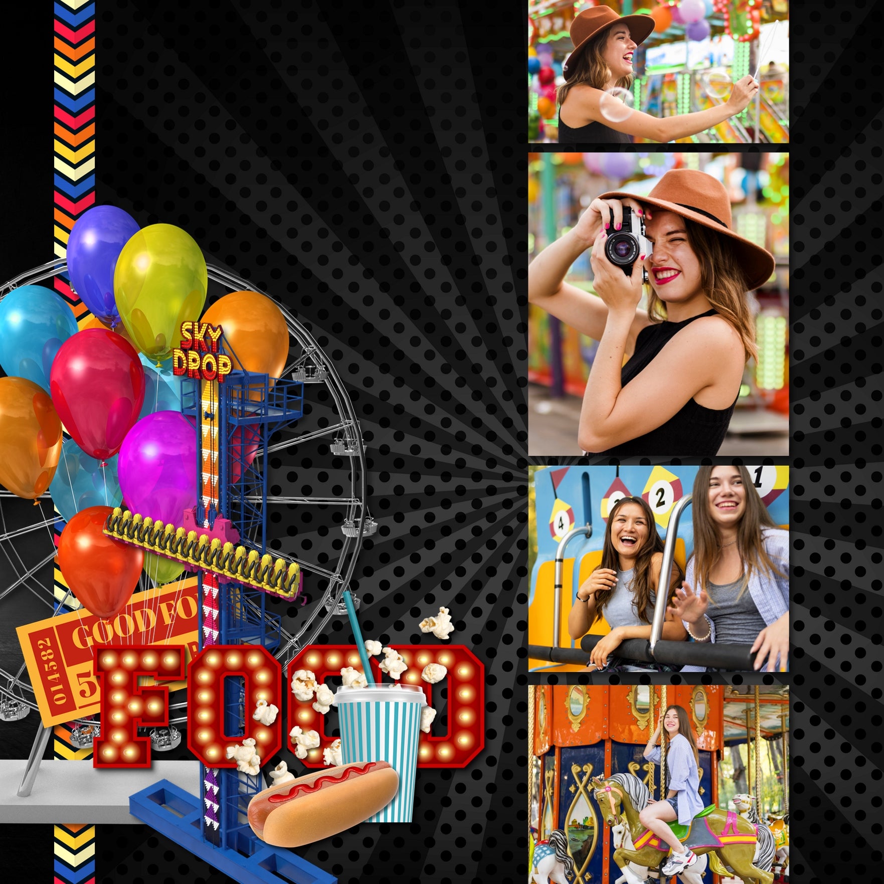 The circus is in town! Have fun celebrating your latest circus and carnival adventures with this realistic digital scrapbooking bundle by Lucky Girl Creative digital art filled with bright embellishments, dark papers, lighted retro signs, grunge stamps, and more! Great for county fairs and state fair pages, too!