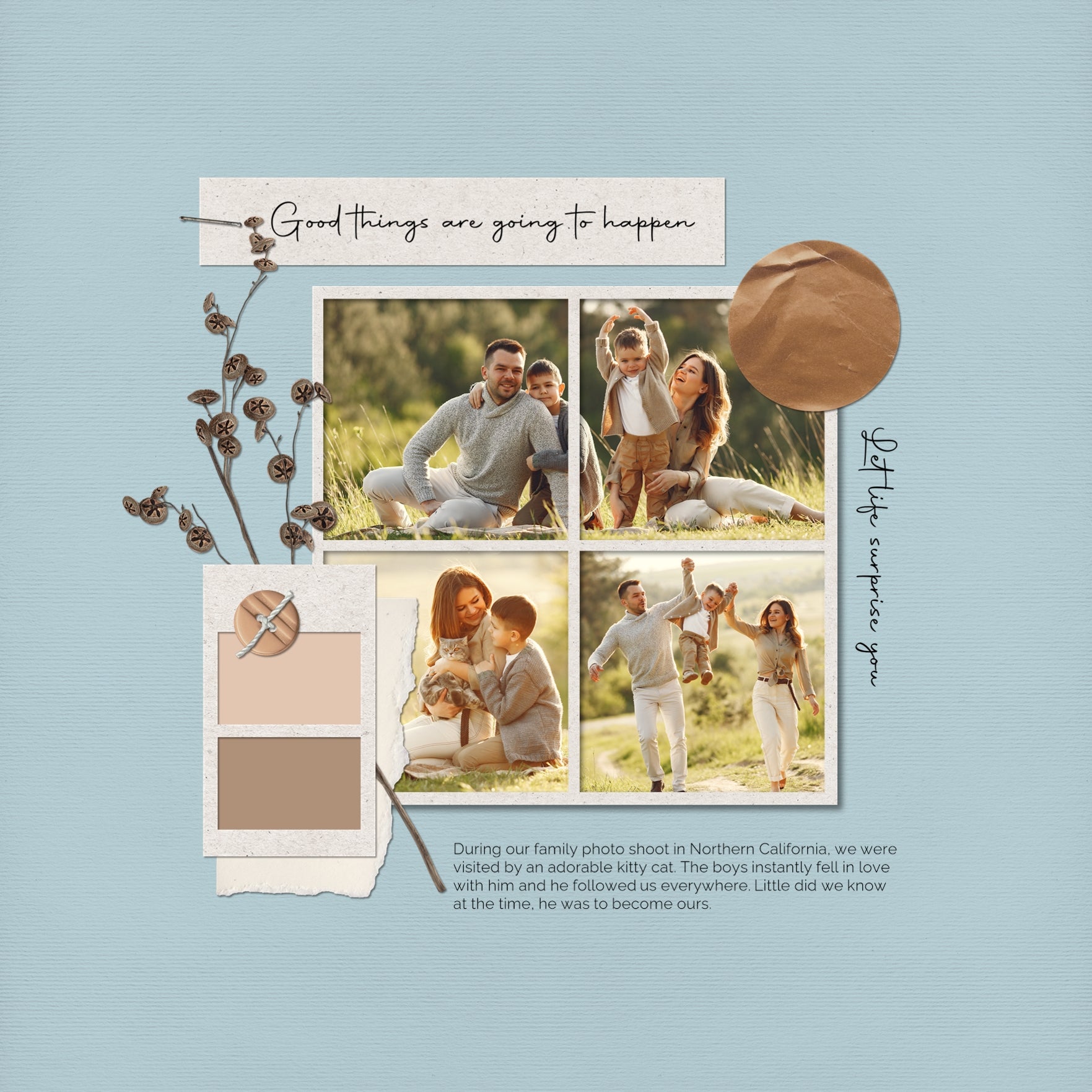 Designed with late summer, fall, and autumn in mind, these beautiful embellishments and papers by Lucky Girl Creative digital art highlight a color palette which is completely customizable and meant to accent your photos no matter the theme or occasion. Versatile enough for everyday, the bits of nature are designed to accent your favorite photos and allow your creativity to soar.