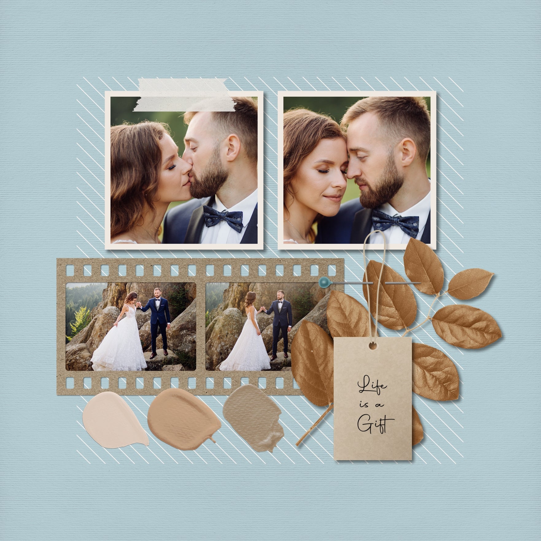 Designed with late summer, fall, and autumn in mind, these beautiful embellishments and papers by Lucky Girl Creative digital art highlight a color palette which is completely customizable and meant to accent your photos no matter the theme or occasion. Versatile enough for everyday, the bits of nature are designed to accent your favorite photos and allow your creativity to soar.