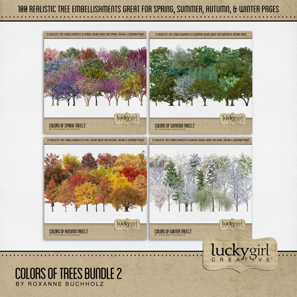 Seasonal trees are perfect for spring, summer, fall / autumn, and winter pages and albums. From tiny buds in spring and leafy green trees in summer to falling autumn leaves and snow covered trees, this digital art collection by Lucky Girl Creative is great for nature pages and even family tree layouts.