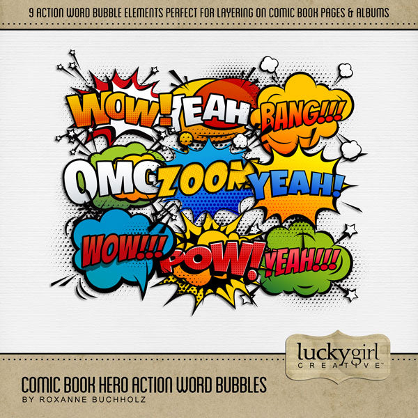 Pow! Boom! Pop! Faster than a speeding bullet, this digital scrapbooking word bubble kit by Lucky Girl Creative is packed with action and adventure. Perfect for titles on comic book pages, sports, Father's Day, video games, cartoons, news, newspapers, and more! Word art includes Wow, Yeah, OMG, Bang, Pow, and Zoom.